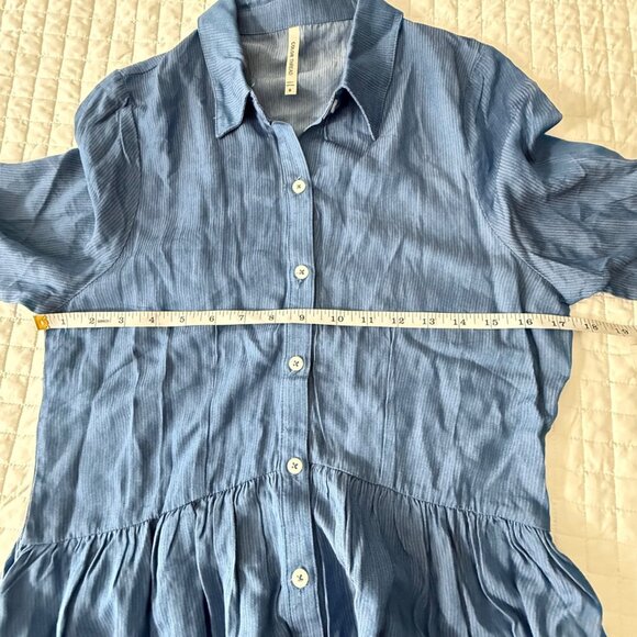Color Thread Blue Button-Up Tunic Dress W/ Pleated Waist & Rolled Tab Sleeves, S - Picture 7 of 9